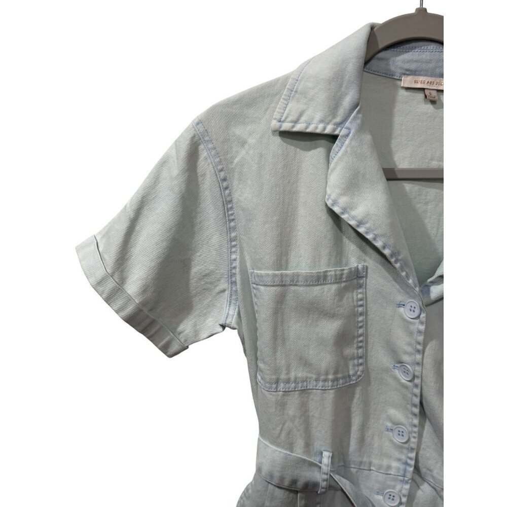 Womens Skies are Blue Light Wash Denim Utility Jumpsuit Belted Front Small - Picture 3 of 6